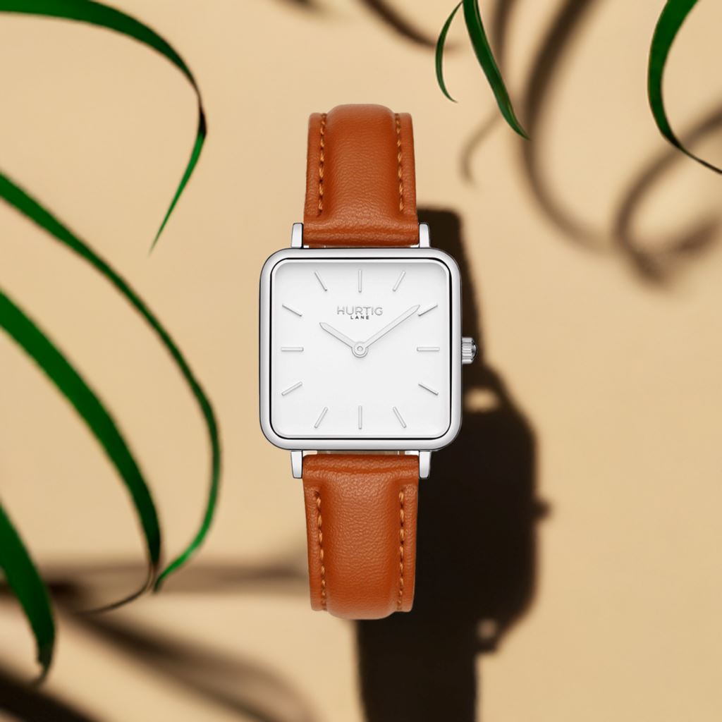 Neliö Square Vegan Leather Silver/White/Tan Watch Hurtig Lane Vegan Watches