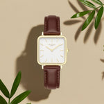 Neliö Square Vegan Leather Watch Gold, White & Chestnut Watch Hurtig Lane Vegan Watches