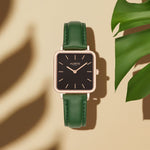 Neliö Square Vegan Leather Watch Rose Gold, Black & Green Watch Hurtig Lane Vegan Watches