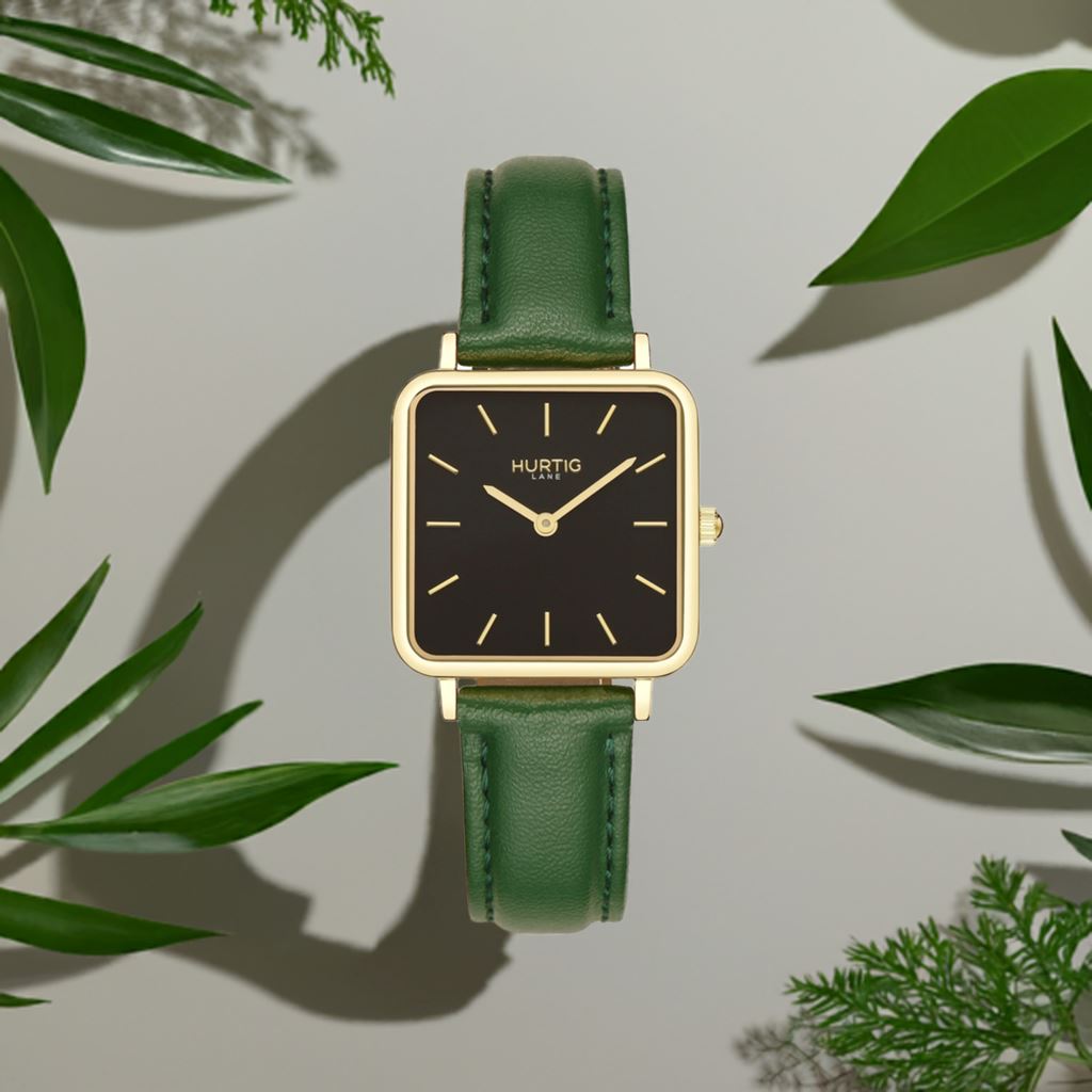 Neliö Square Vegan Leather Gold/Black/Green Watch Hurtig Lane Vegan Watches