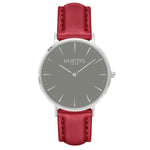 Mykonos Vegan Leather Watch Silver, Grey & Red Watch Hurtig Lane Vegan Watches