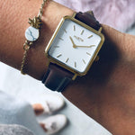 Neliö Square Vegan Leather Gold/White/Chestnut Watch Hurtig Lane Vegan Watches