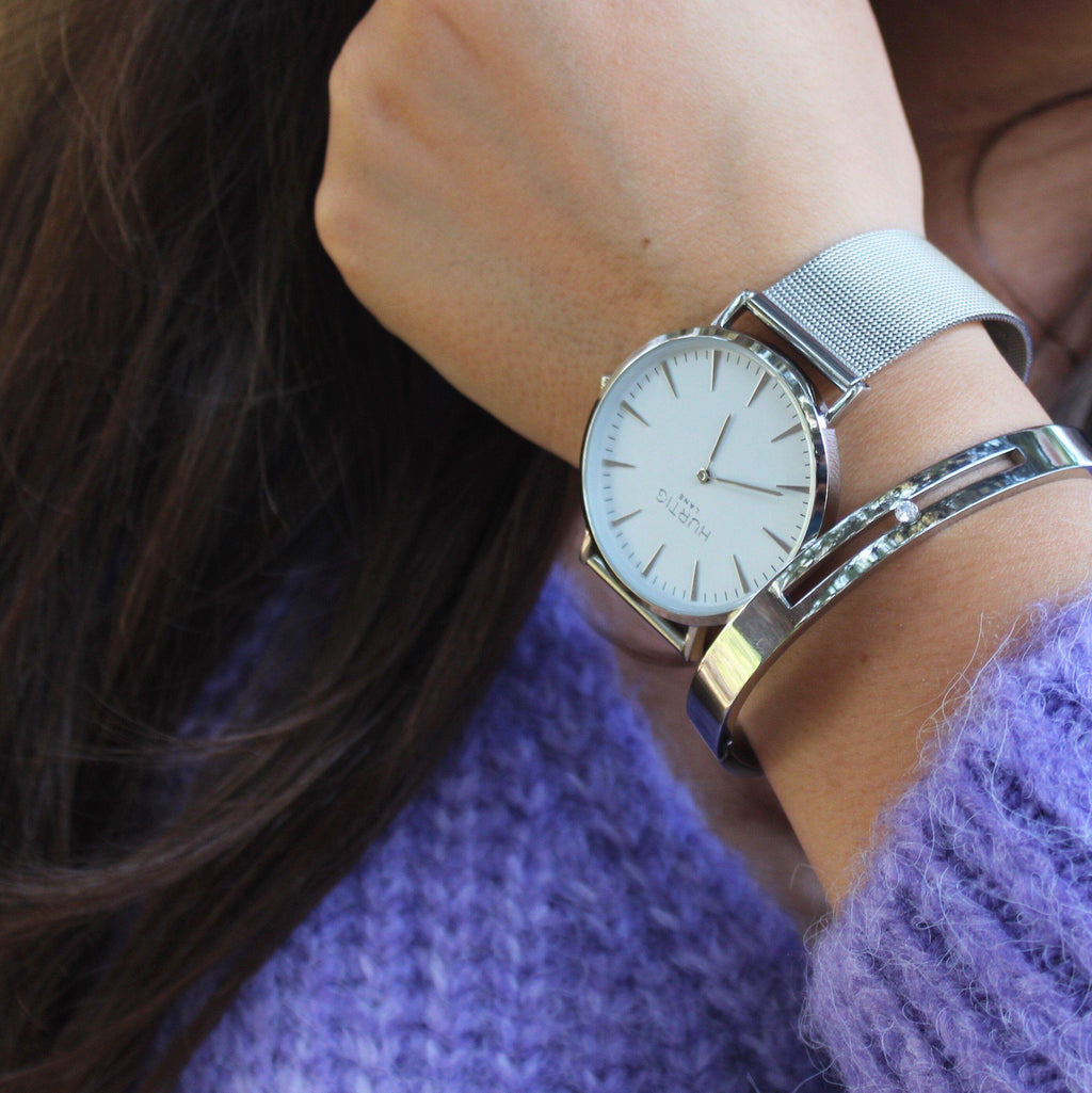 Lorelai Stainless Steel Watch Silver, White & Silver - Hurtig Lane - sustainable- vegan-ethical- cruelty free