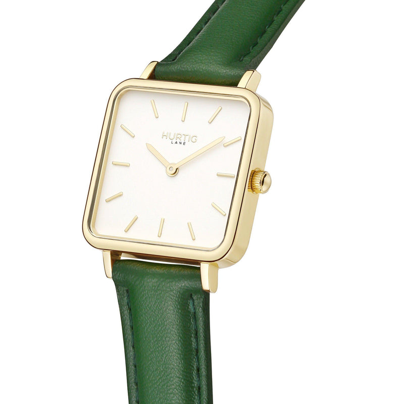 Neliö Square Vegan Leather Gold/White/Green Watch Hurtig Lane Vegan Watches