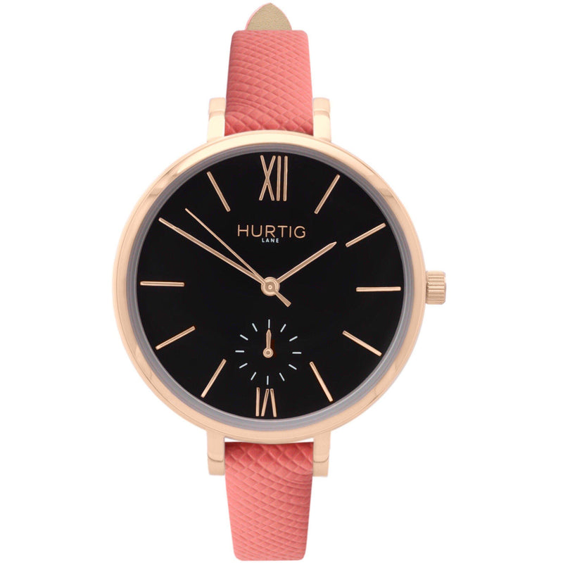 Amalfi Petite Vegan Leather Rose Gold/Black/Coral Watch Hurtig Lane Vegan Watches