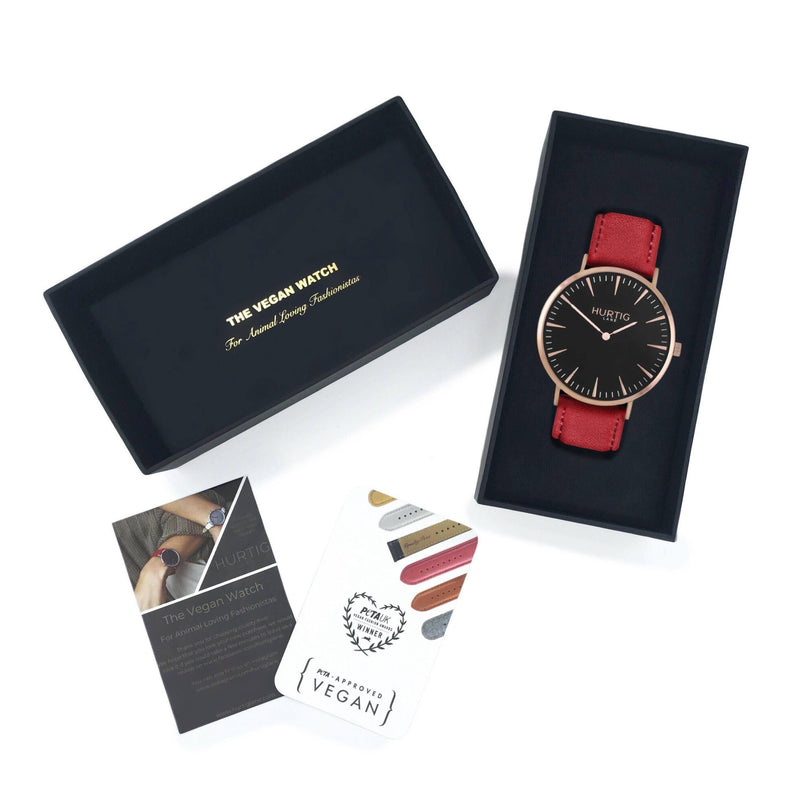 Mykonos Vegan Leather Rose Gold/Black/Red Watch Hurtig Lane Vegan Watches