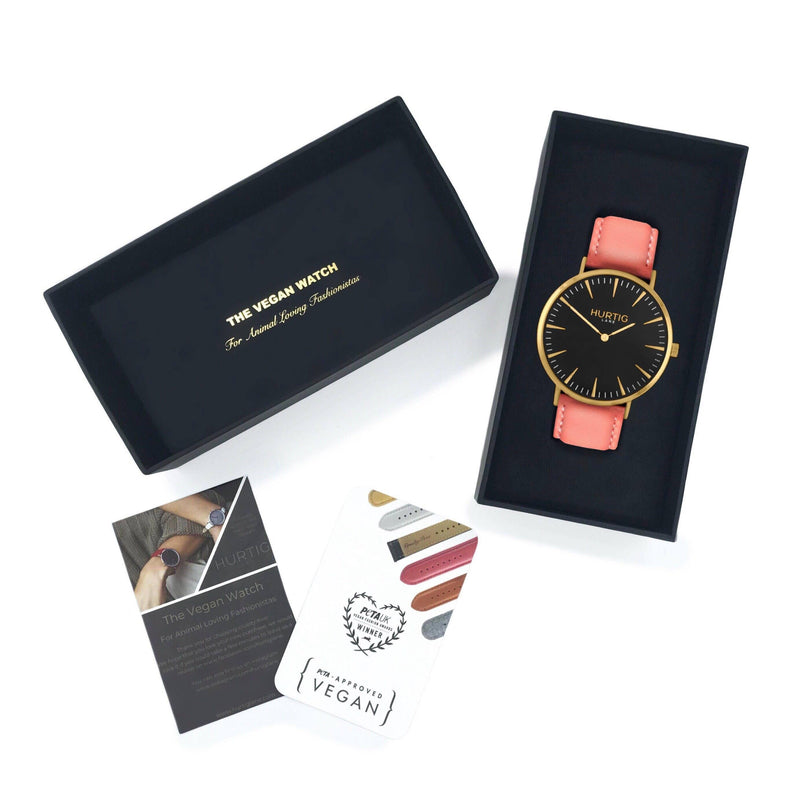 Mykonos Vegan Leather Gold/Black/Coral Watch Hurtig Lane Vegan Watches