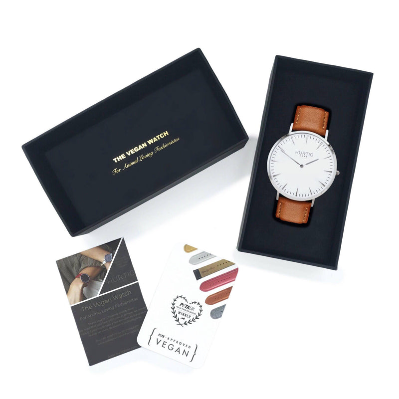Mykonos Vegan Leather Silver/White/Tan Watch Hurtig Lane Vegan Watches