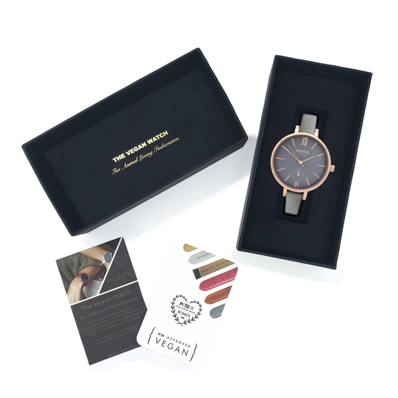 Women's vegan leather watch gift set. Rose gold/grey with grey vegan leather straps 