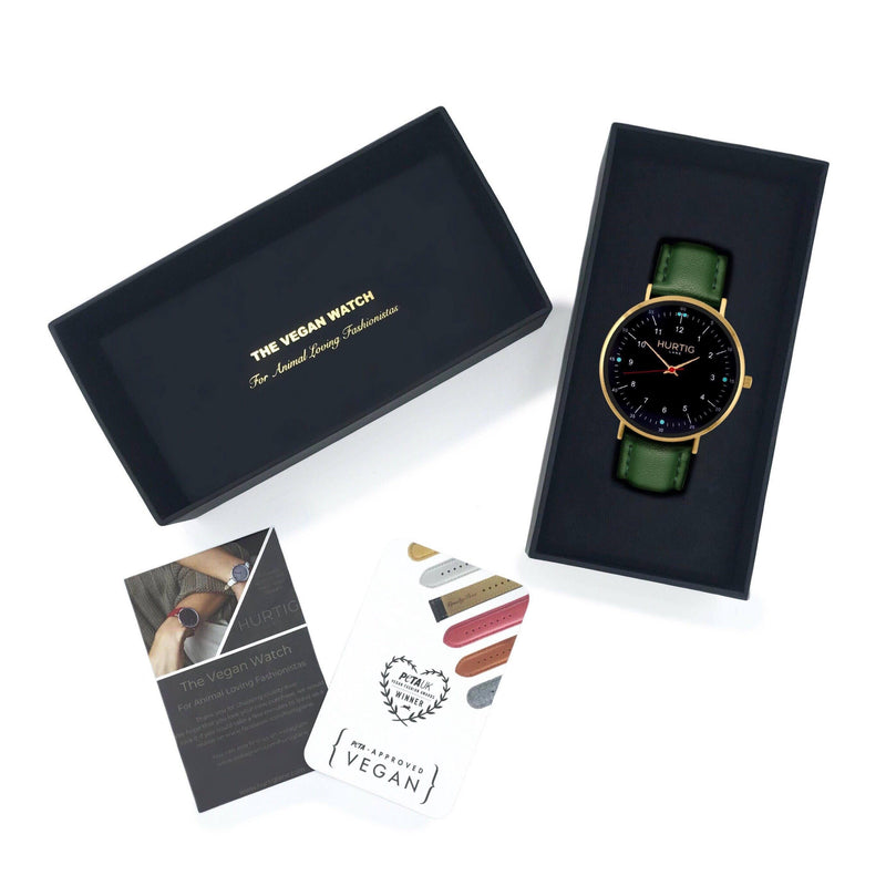 Vegan watch gift set gold/black with vegan leather green straps
