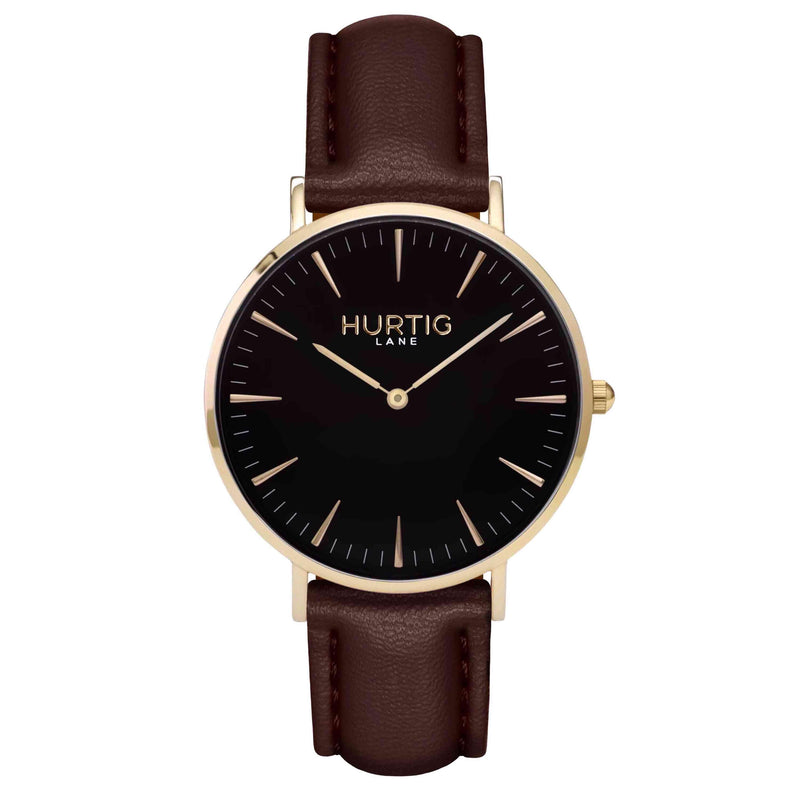 Mykonos Vegan Leather Watch Gold, Black and chestnut Watch Hurtig Lane Vegan Watches