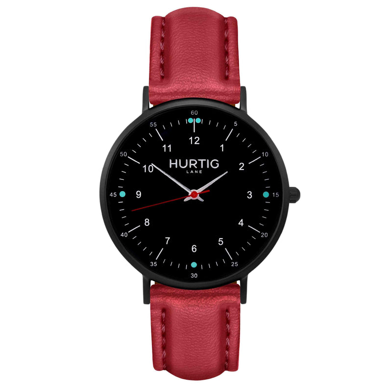 Moderna Vegan Leather Watch All Black & Cherry Red Watch Hurtig Lane Vegan Watches