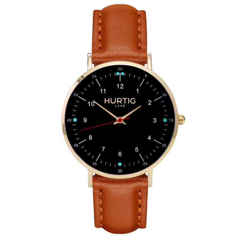 hurtig lane vegan leather watch gold,  black & tan vegane uhren