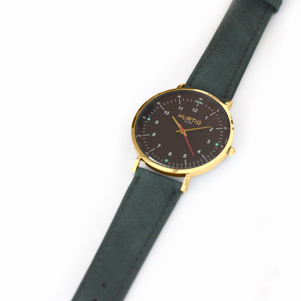 Moderno Vegan Suede Watch Gold, Black & Forest Green Watch Hurtig Lane Vegan Watches