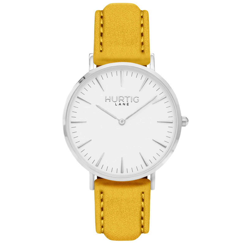 Hymnal Vegan Suede Watch Silver, White & Camel Brown - Hurtig Lane - sustainable- vegan-ethical- cruelty free