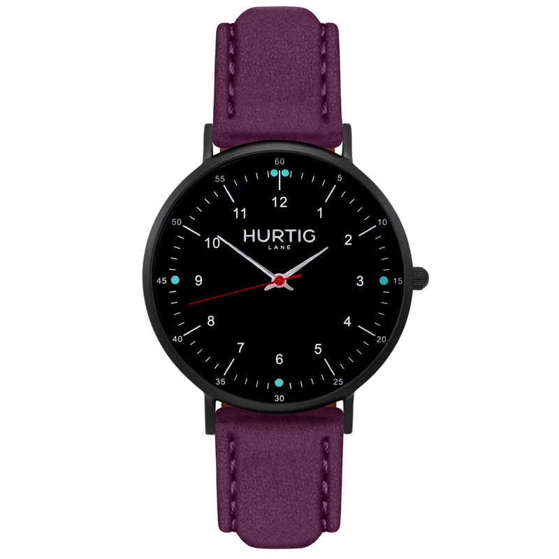 Moderna Vegan Suede Watch All Black & Berry - Hurtig Lane - sustainable- vegan-ethical- cruelty free