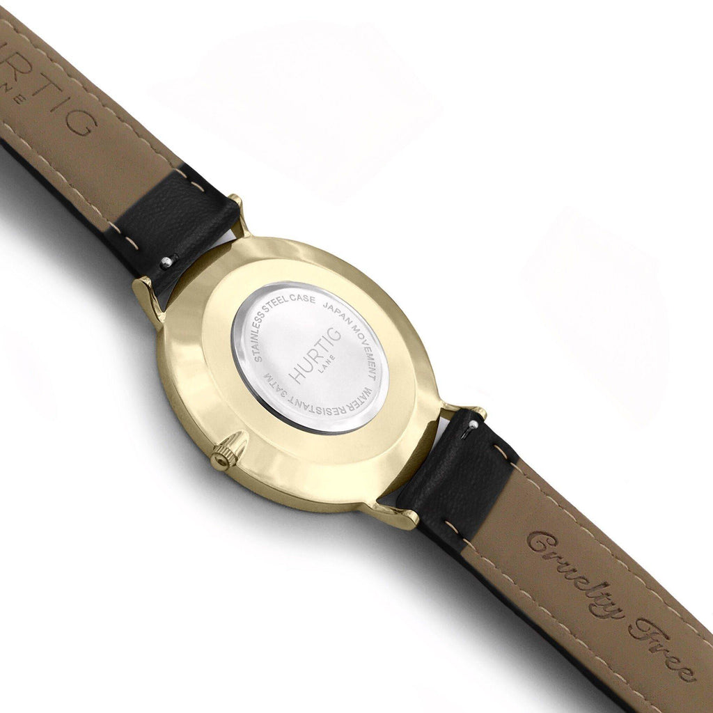Mykonos Vegan Leather Watch Gold, Black and black Watch Hurtig Lane Vegan Watches