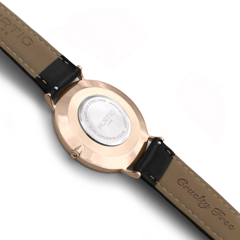 Mykonos Vegan Leather Watch Rose Gold, Black & Black Watch Hurtig Lane Vegan Watches