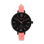 women's vegan leather watch. black and coral pink
