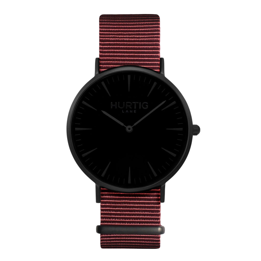 vegan nylon watch. nato watch black and maroon