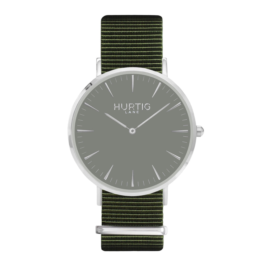 vegan nylon nato watch. silver, grey  & maroon. vegane uhr