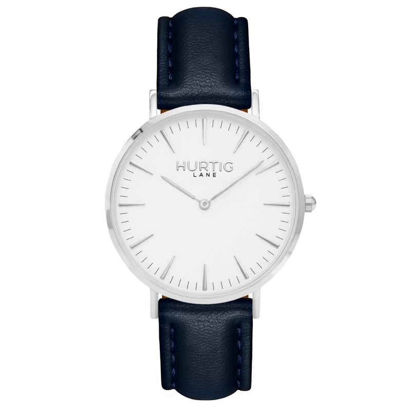 silver and blue vegan watch