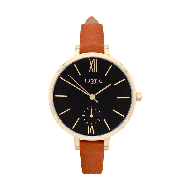 Amalfi Petite Vegan Leather Watch Gold, Black & Black Watch Hurtig Lane Vegan Watches