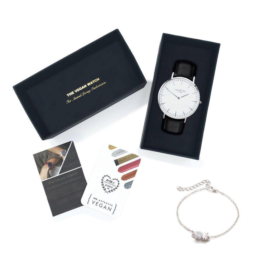 Vegan Gift Set Mykonos Vegan Leather Watch Silver/White/Black and Piña Bracelet Watch Hurtig Lane Vegan Watches